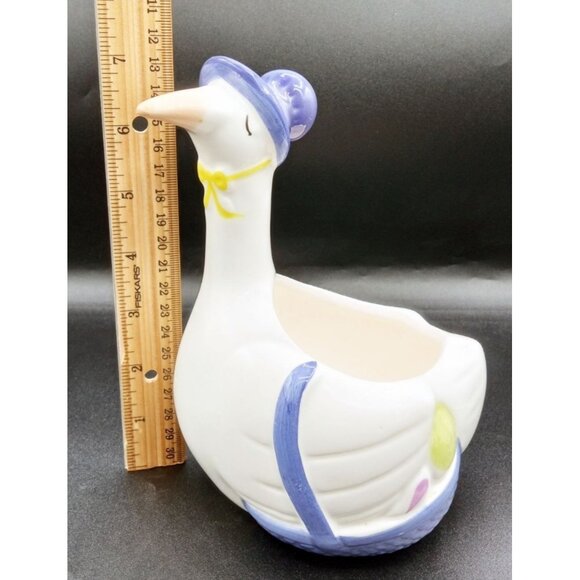 FTDA Ceramic Goose Planter Blue Hat & Yellow Bow Vintage 1986 ROC 7.25 Inches - Picture 2 of 16